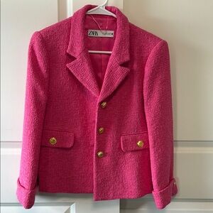 Zara Pink Textured Blazer with Gold Accents